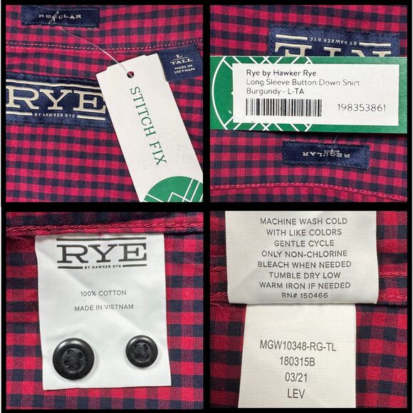 Rye by Hawker Rye Shirt Mens Long Sleeve‎ Button Down Check Large Tall Burgundy - Picture 7 of 8